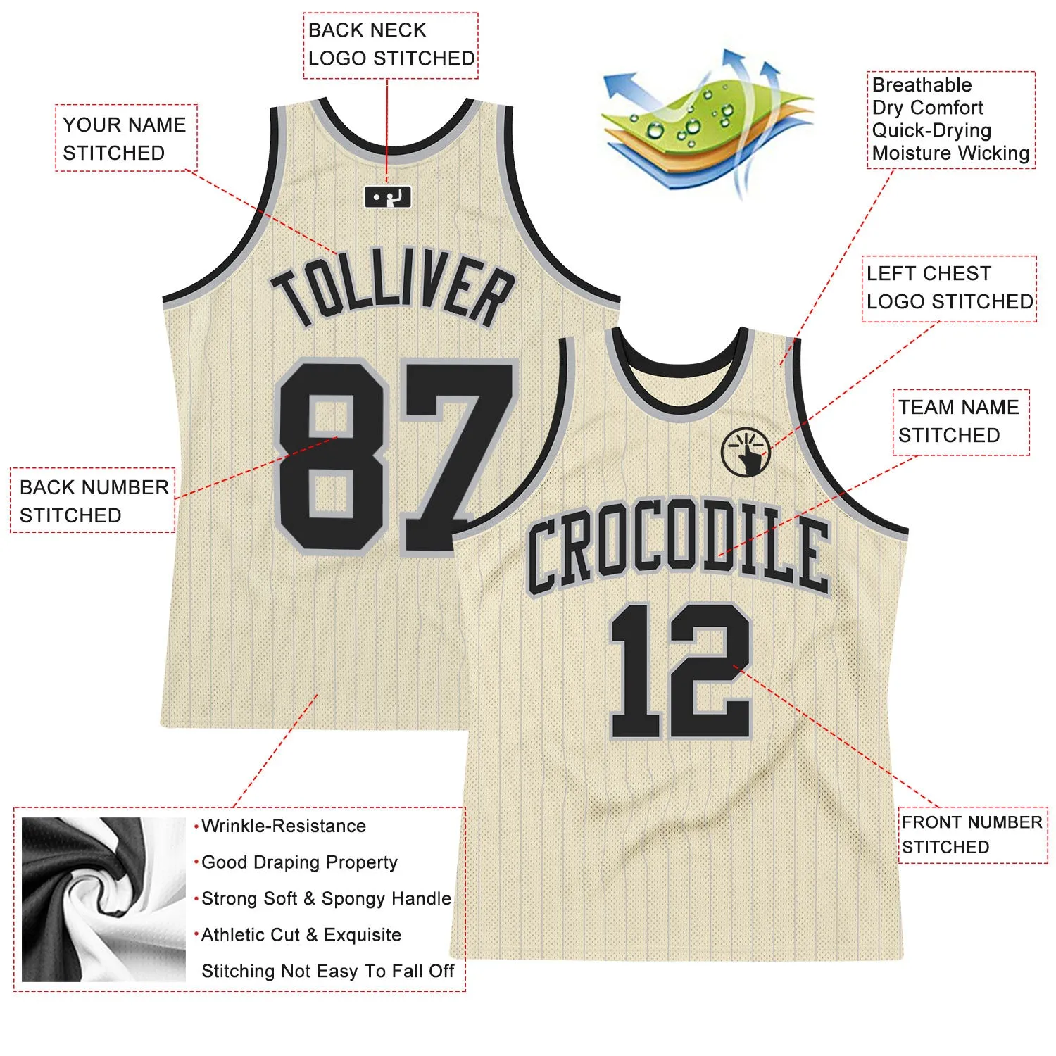 Custom Cream Gray Pinstripe Black Authentic Basketball Jersey