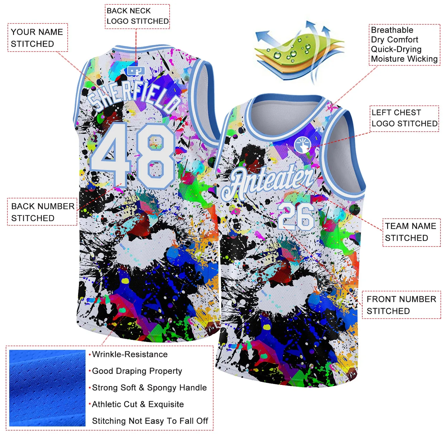 Custom Graffiti Pattern White-Light Blue 3D Grunge Art Authentic Basketball Jersey