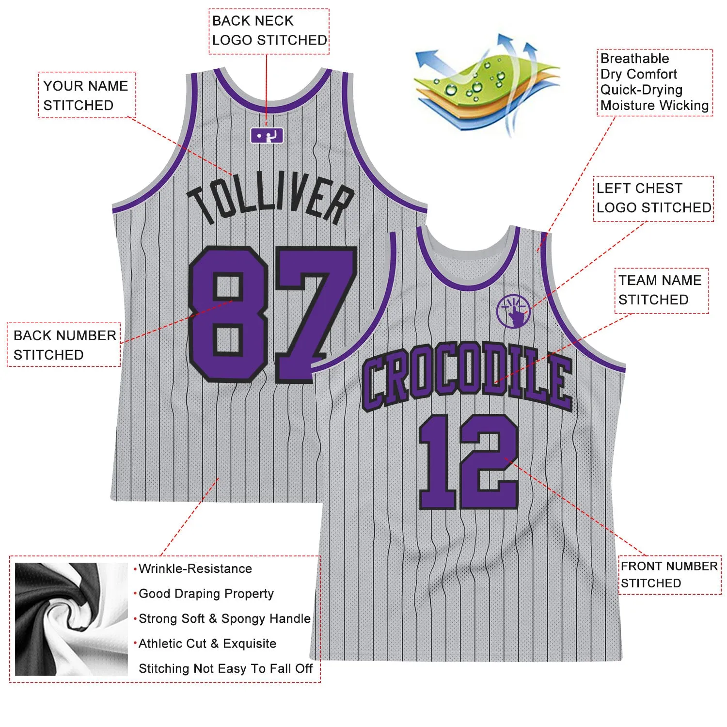 Custom Gray Black Pinstripe Purple Authentic Basketball Jersey