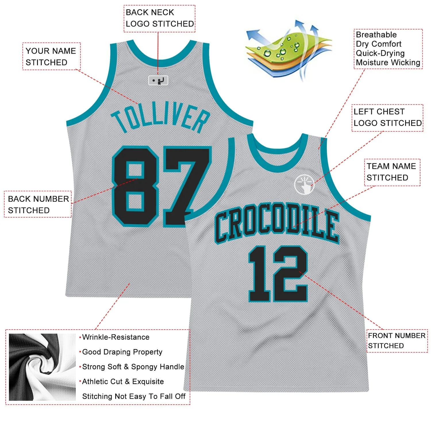 Custom Gray Black-Teal Authentic Throwback Basketball Jersey