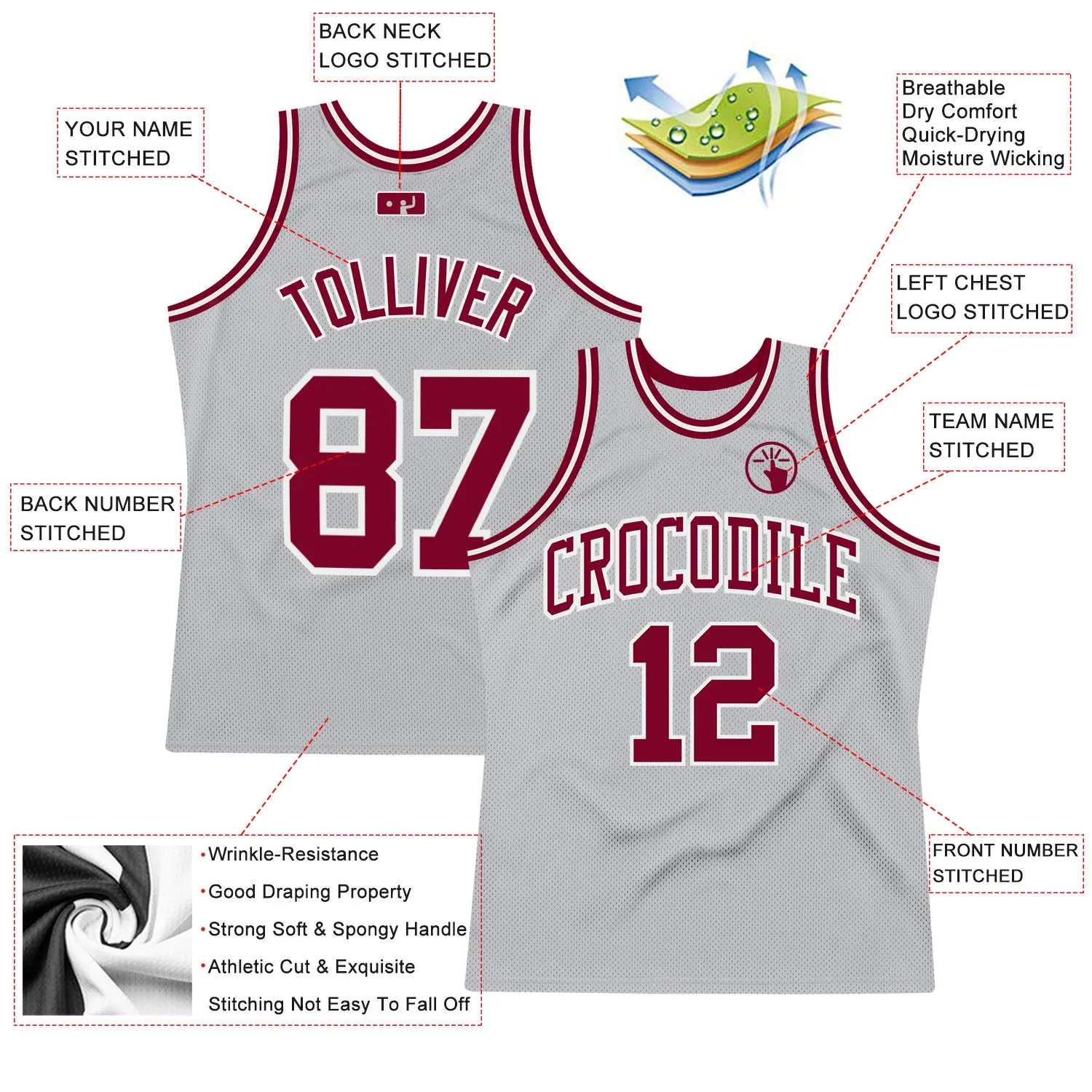 Custom Gray Maroon-White Authentic Throwback Basketball Jersey