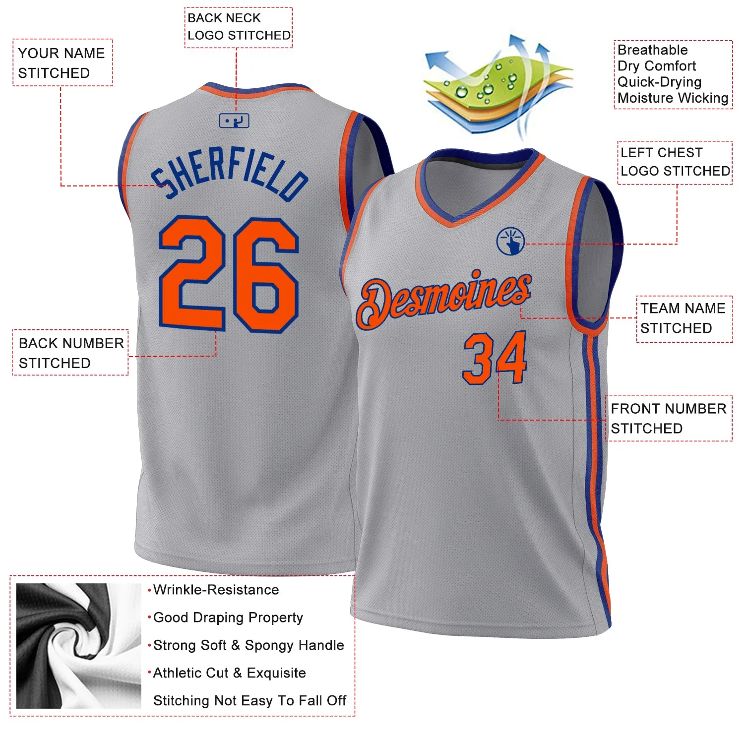 Custom Gray Orange-Royal Authentic Throwback Basketball Jersey