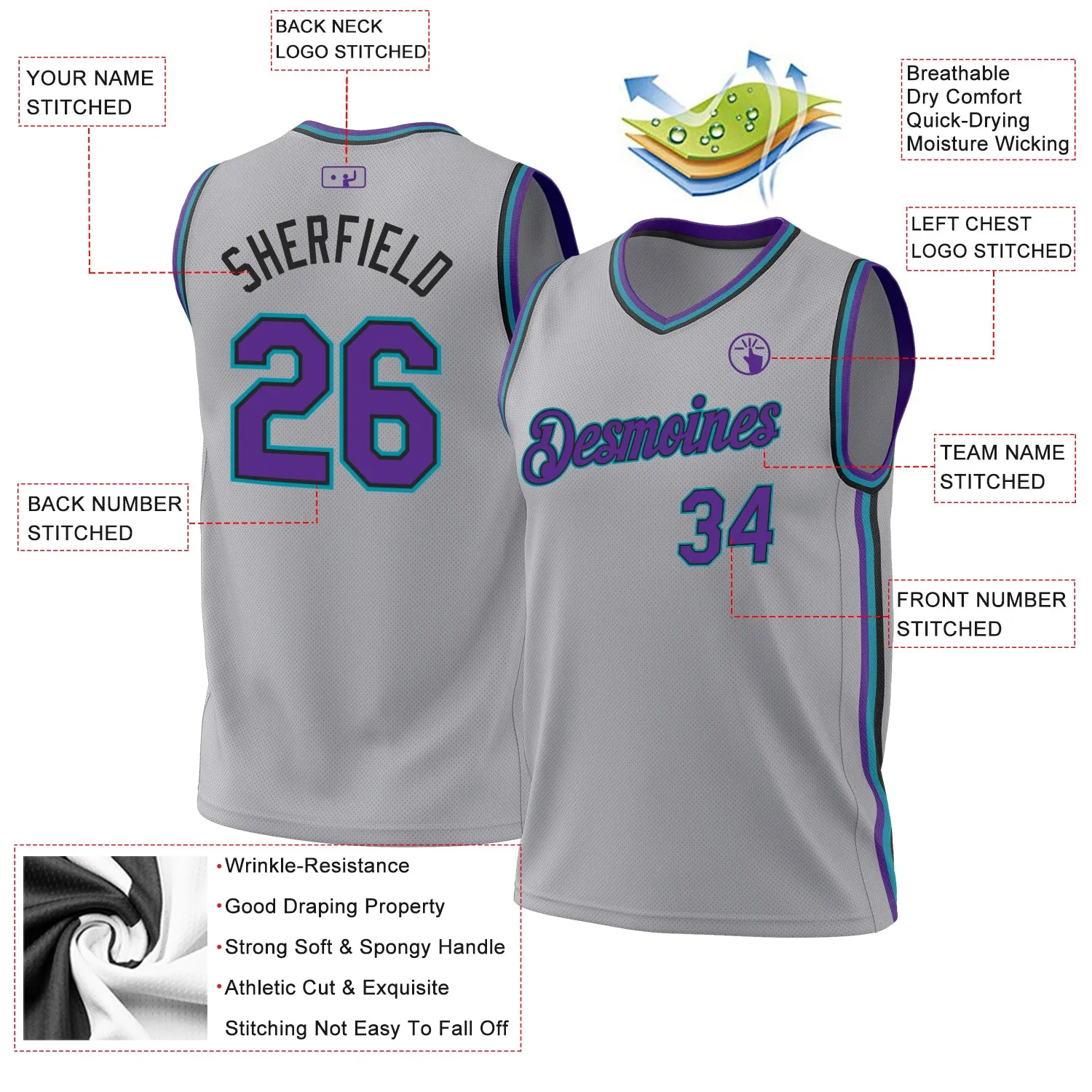 Custom Gray Purple Black-Teal Authentic Throwback Basketball Jersey