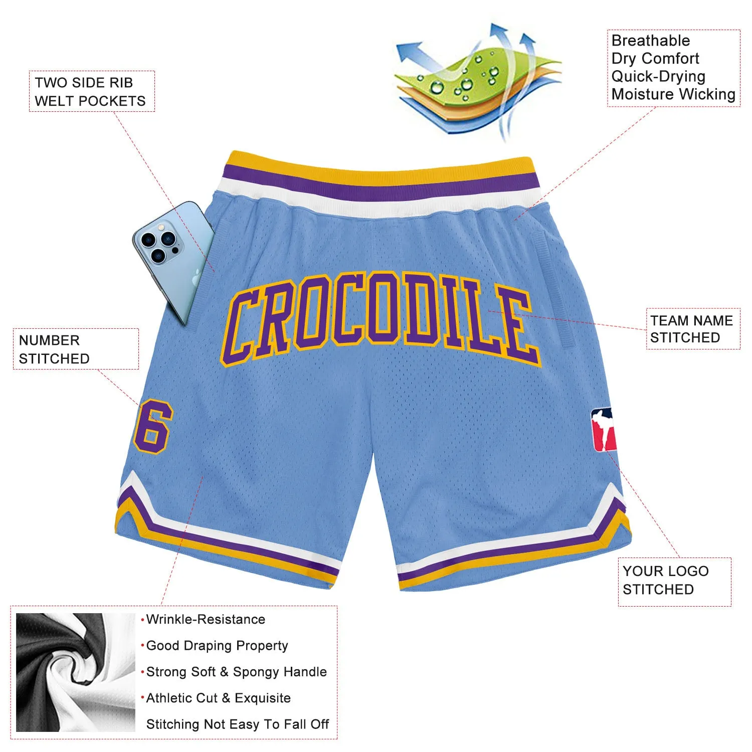 Custom Light Blue Purple-Gold Authentic Throwback Basketball Shorts