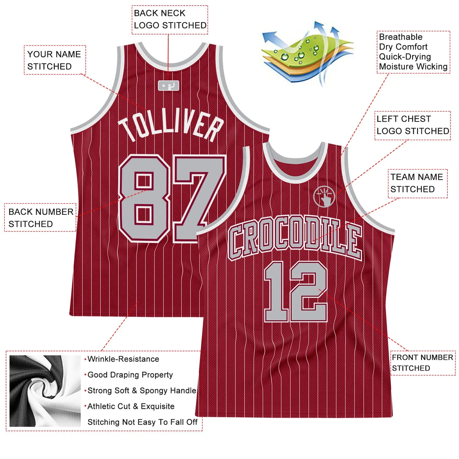 Custom Maroon White Pinstripe Gray Authentic Basketball Jersey