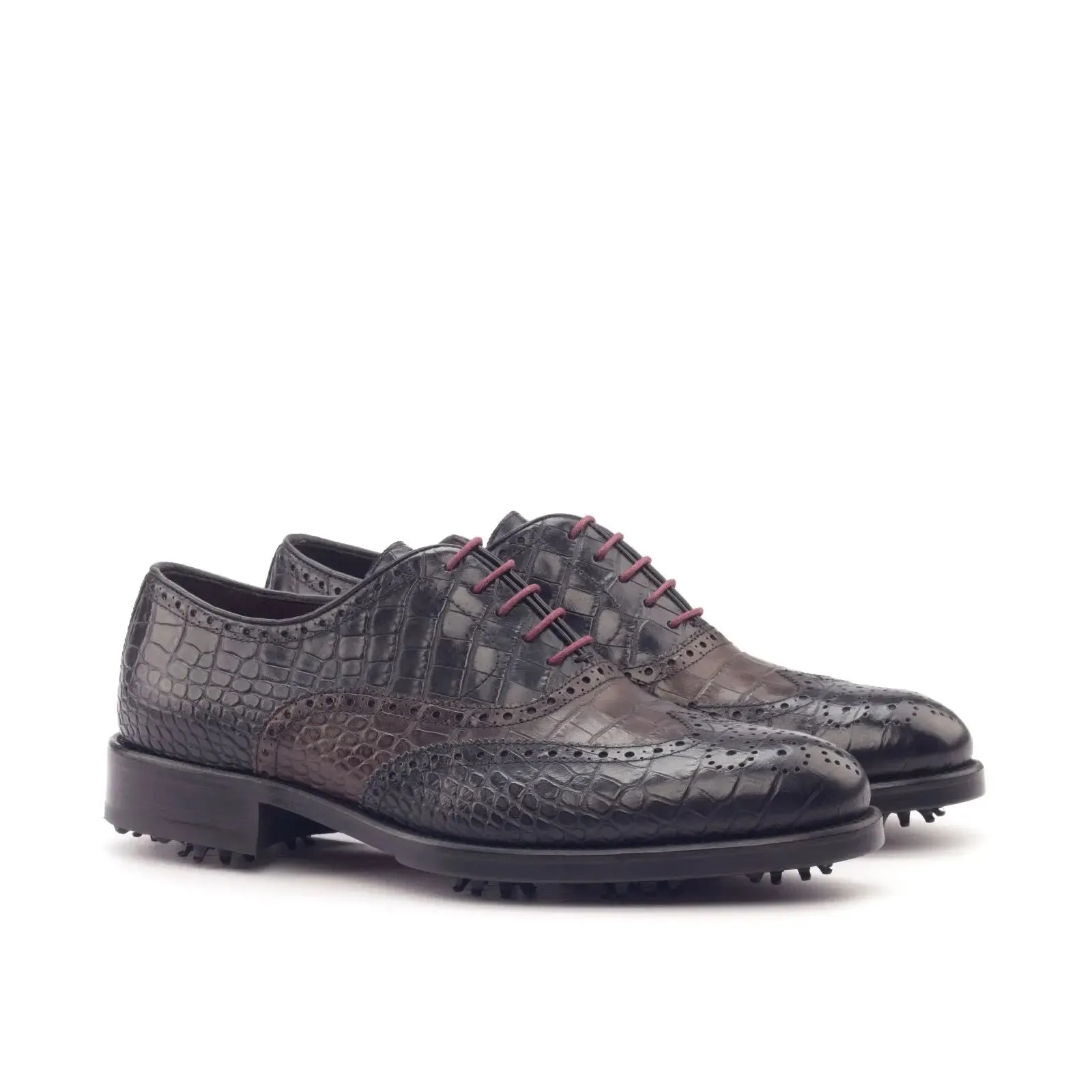 DapperFam Aeron Golf in Black / Dark Brown Men's Italian Croco Embossed Leather Full Brogue