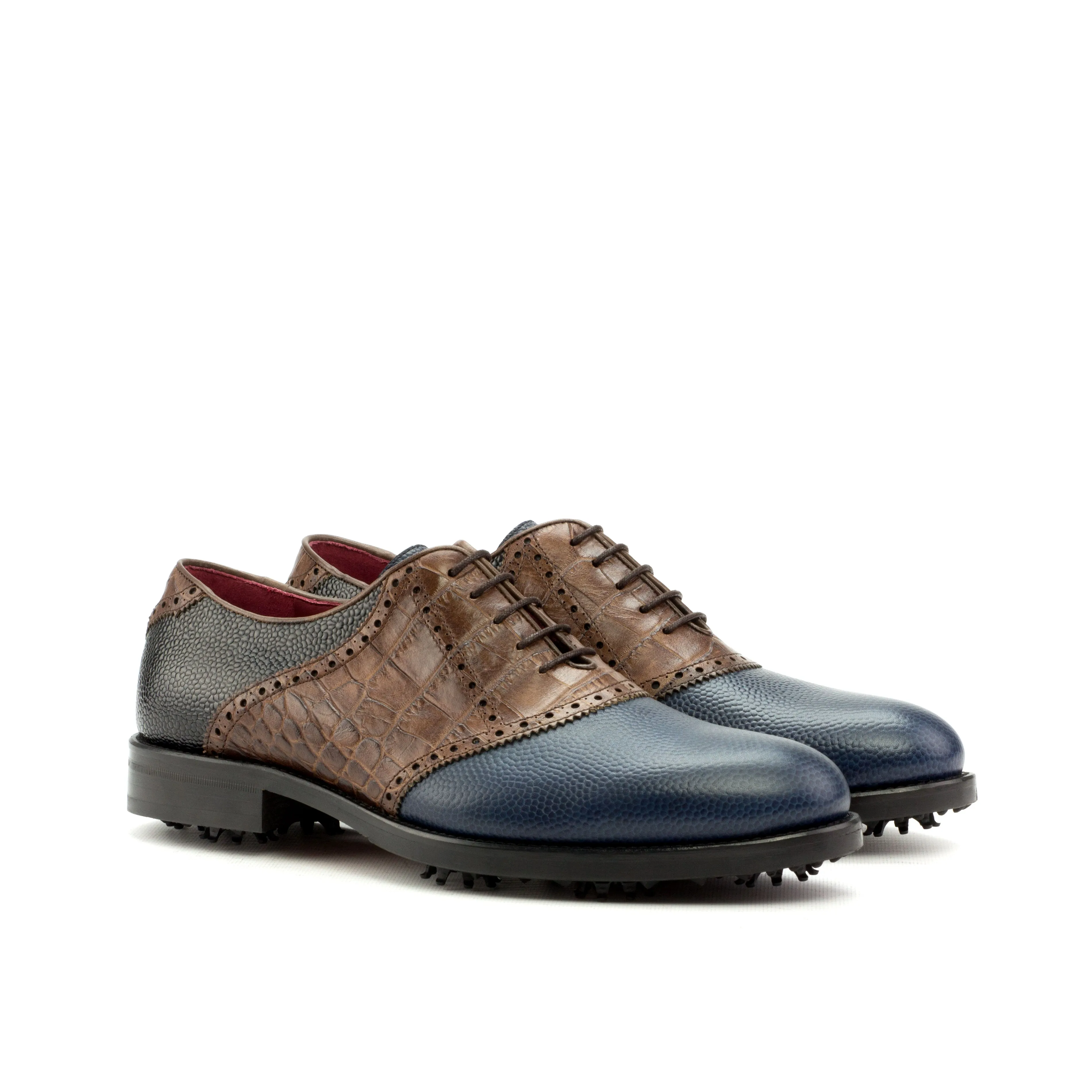 DapperFam Fabrizio Golf in Navy / Dark Brown / Black Men's Italian Croco Embossed Leather Saddle