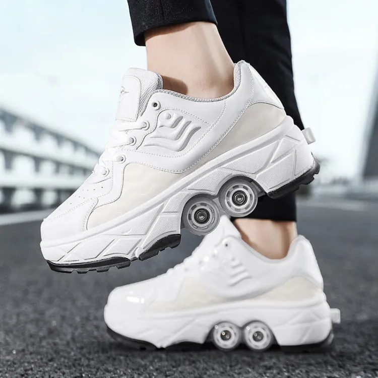 Deformable Four-wheel Retractable Double-row Dual-purpose Roller Skates, Size: 33(DF09 White Black)