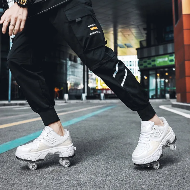 Deformable Four-wheel Retractable Double-row Dual-purpose Roller Skates, Size: 33(DF09 White Black)