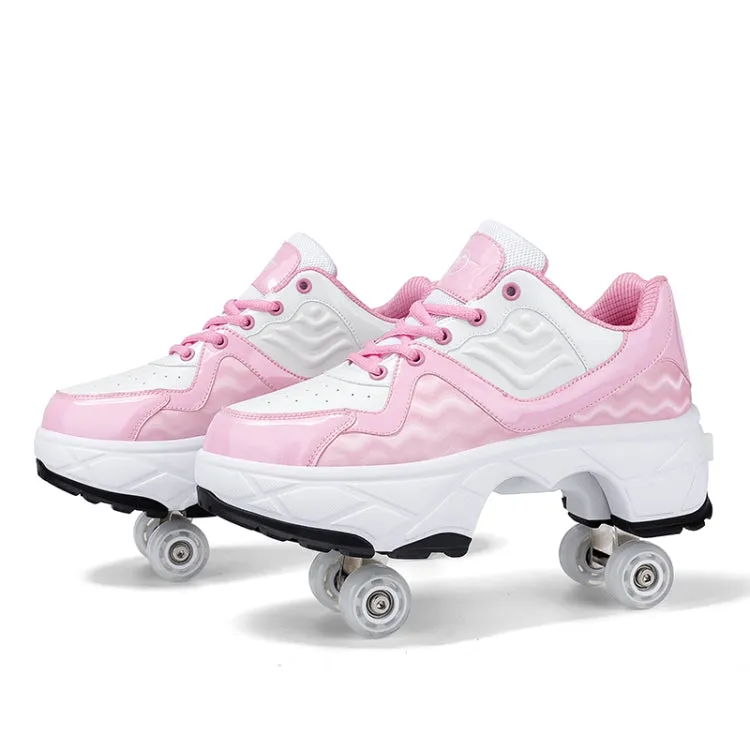 Deformable Four-wheel Retractable Double-row Dual-purpose Roller Skates, Size: 34(DF09 Pink)