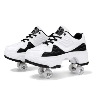 Deformable Four-wheel Retractable Double-row Dual-purpose Roller Skates, Size: 34(DF09 White Black)