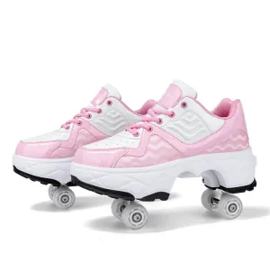 Deformable Four-wheel Retractable Double-row Dual-purpose Roller Skates, Size: 38(DF09 Pink)