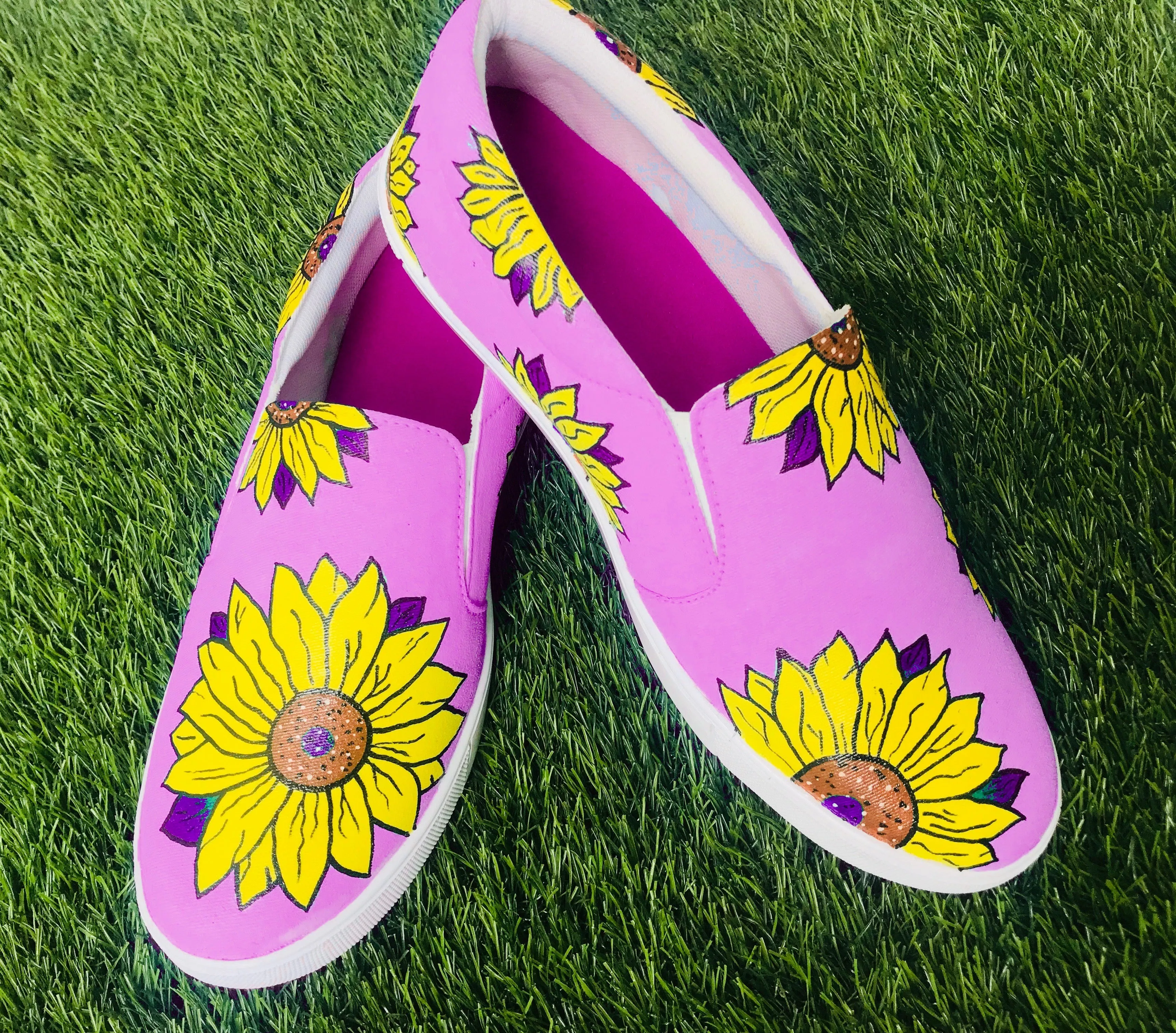 Funky N Trendy hand painted water resistant Sunflower slip on shoes/ handpainted shoes/ women shoes / funky shoes/ pink shoes / funky handpainted shoes