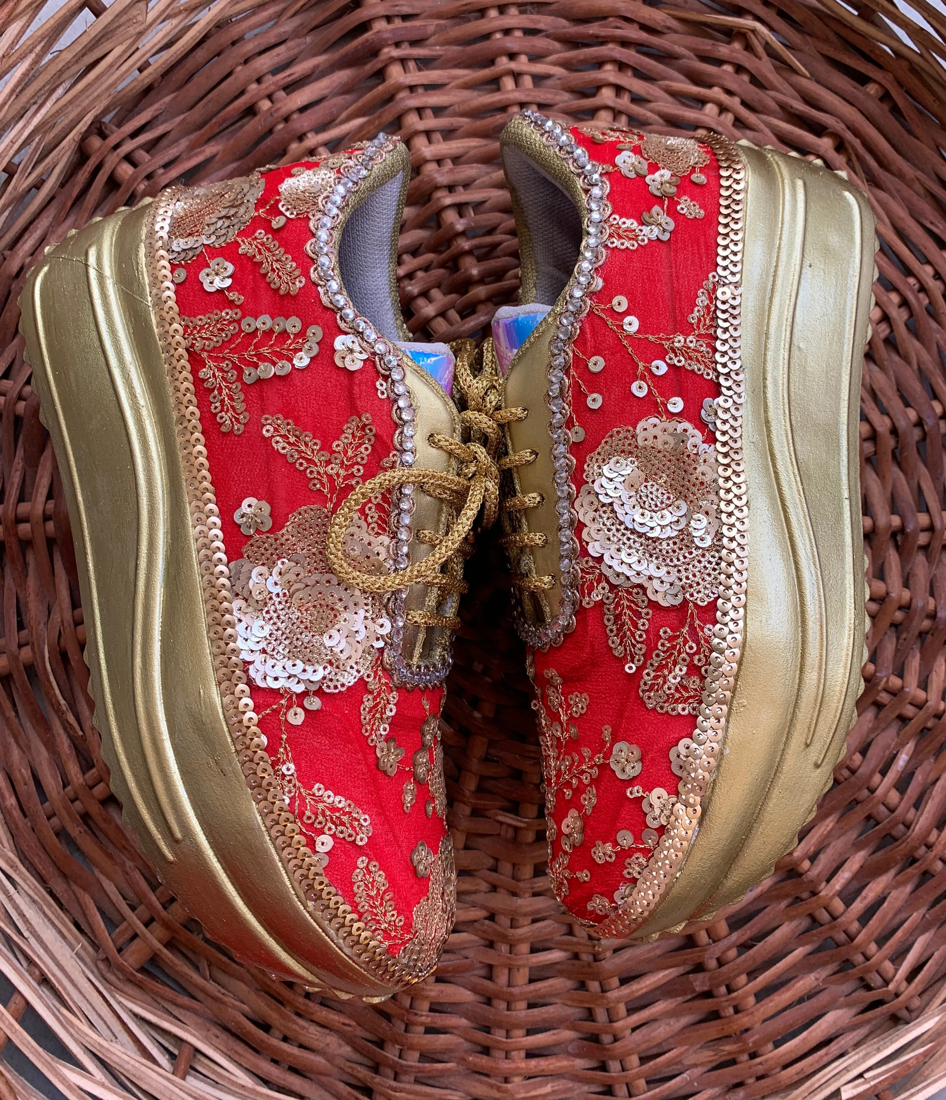 FUNKY N TRENDY red sneakers for brides /red embroidered sneakers/ handcrafted sneakers/ golden sneakers / bridal sneakers / bridesmaid sneakers/ golden and red hand work sneakers