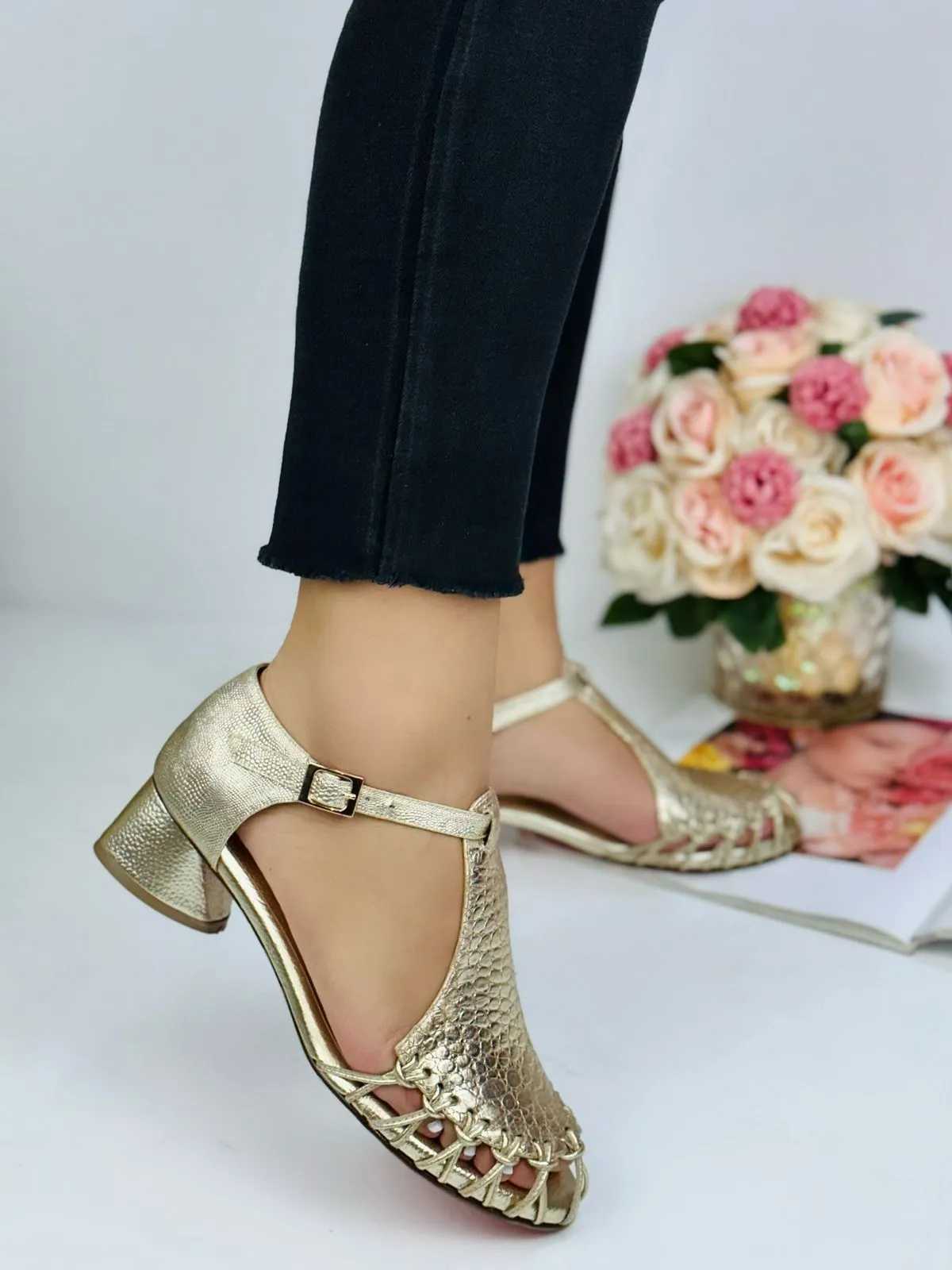 Gold Woven Open-Toe Block Heels