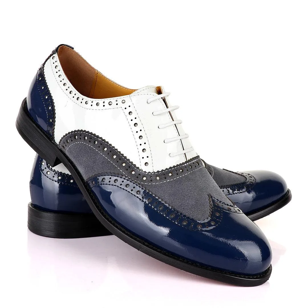 John Mendson Blue White And Grey Oxford Lace up Wet Lips and Suede Shoe.