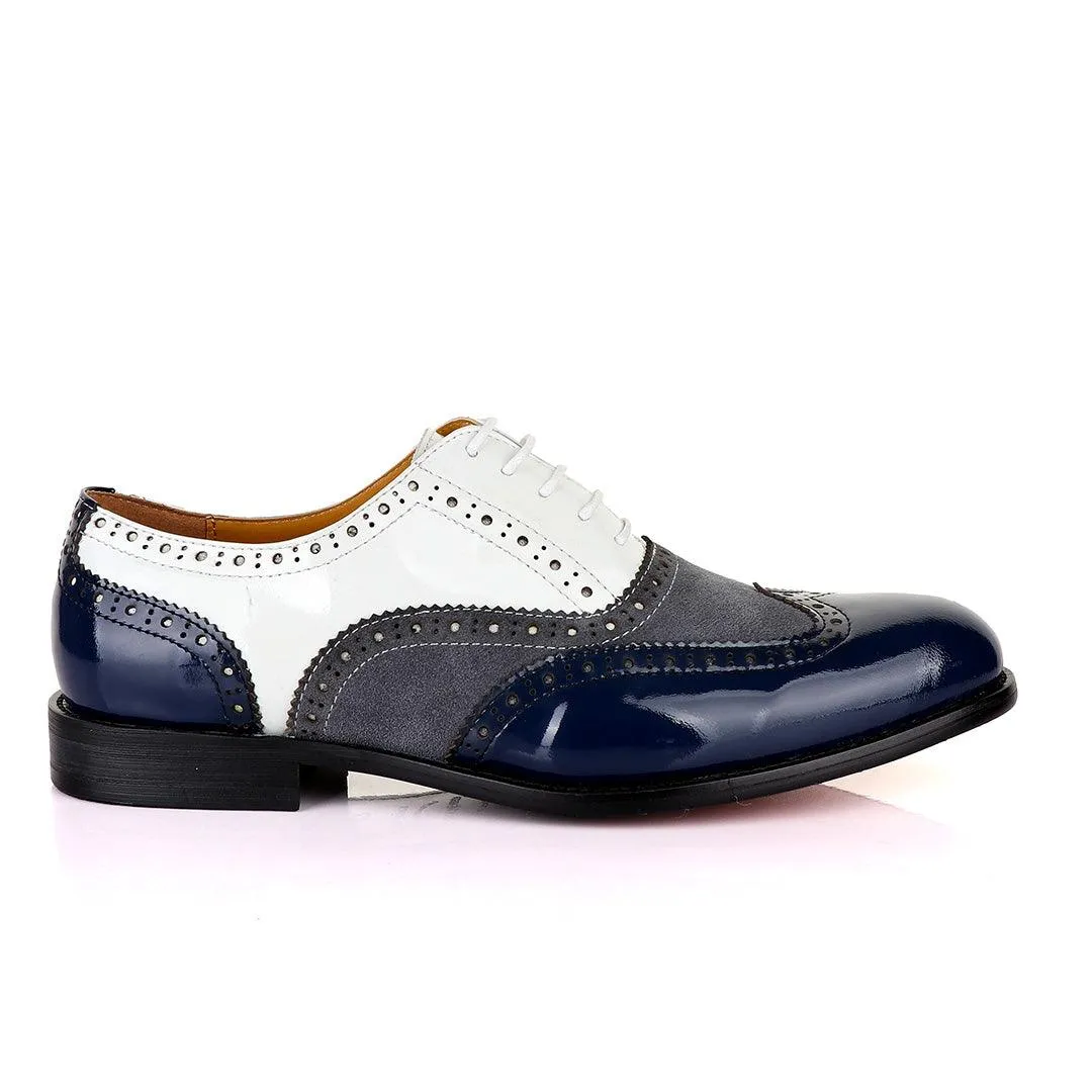 John Mendson Blue White And Grey Oxford Lace up Wet Lips and Suede Shoe.