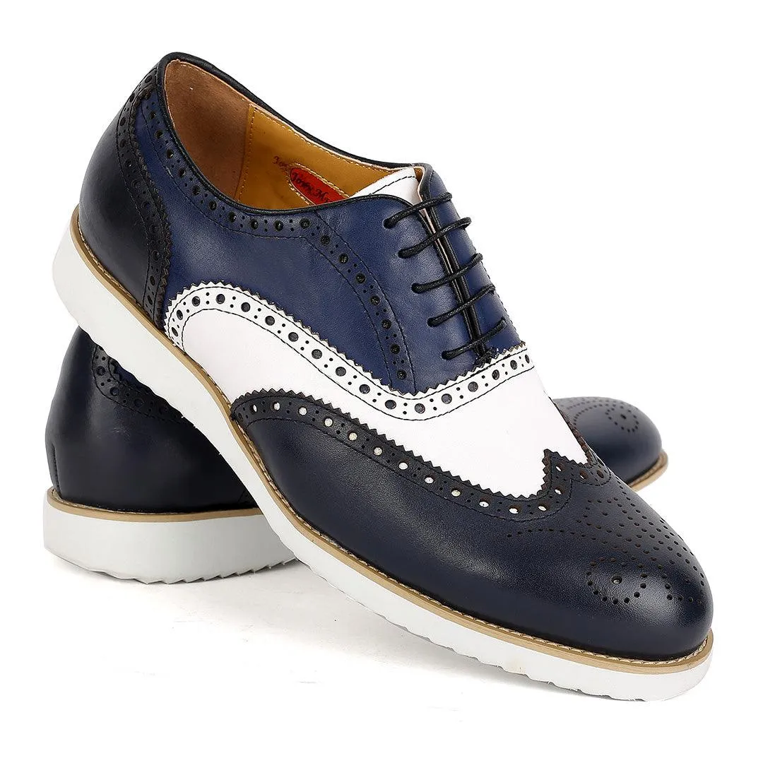 John Mendson Classic Men's Navy-Blue and White Perforated Designed Shoe