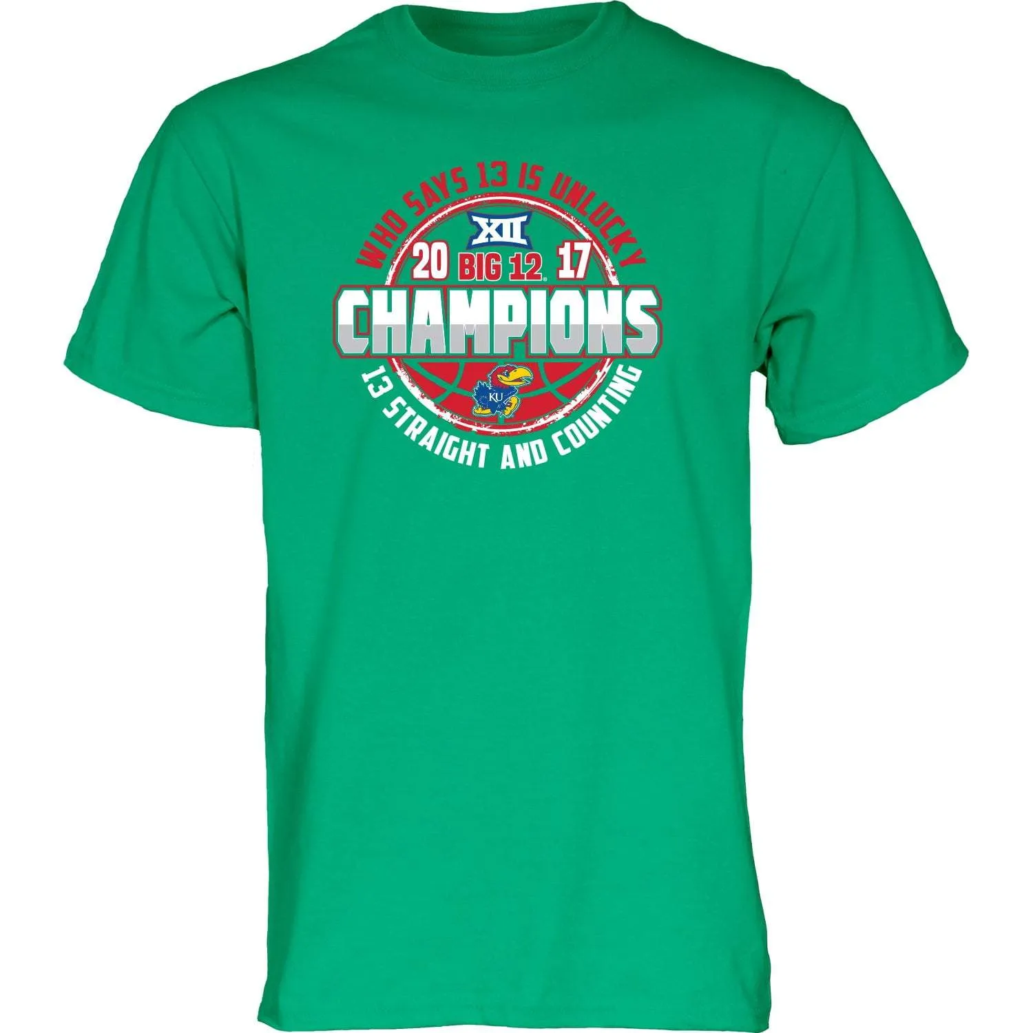 Kansas Jayhawks 13 Straight & Counting Big 12 Basketball Champions Green T-Shirt