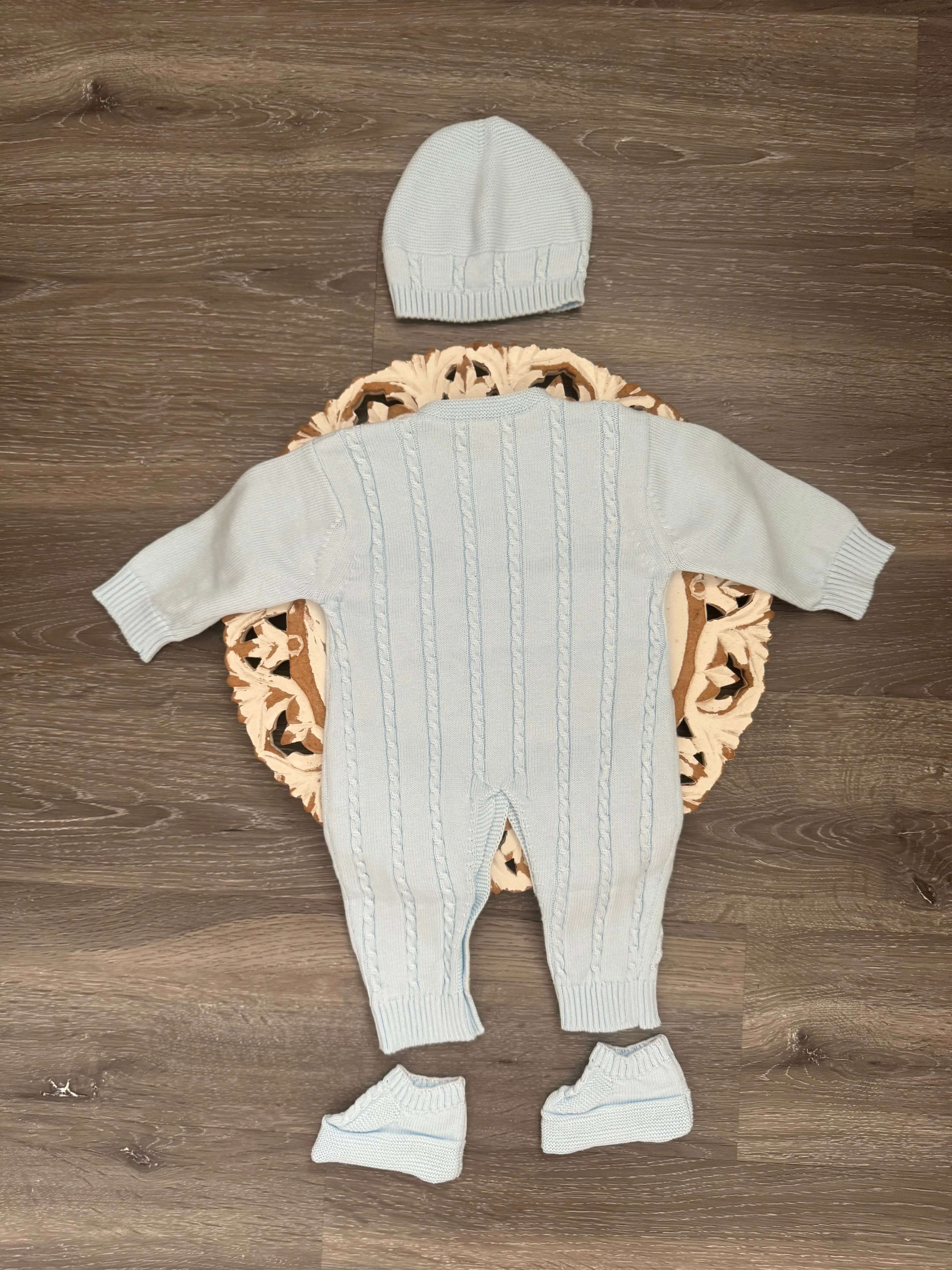 Knit Link Stripes Baby Romper Set in Sky Blue