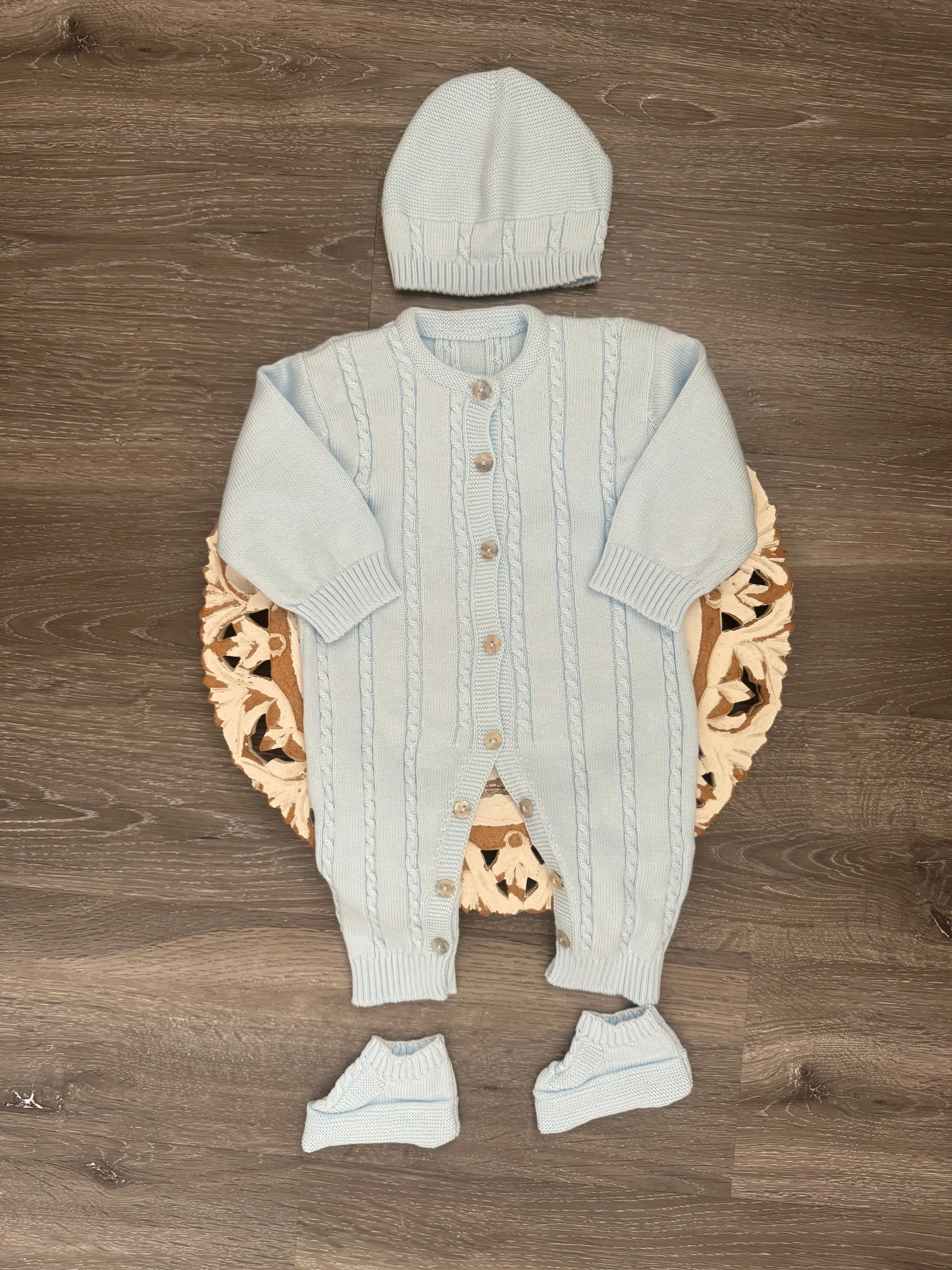 Knit Link Stripes Baby Romper Set in Sky Blue