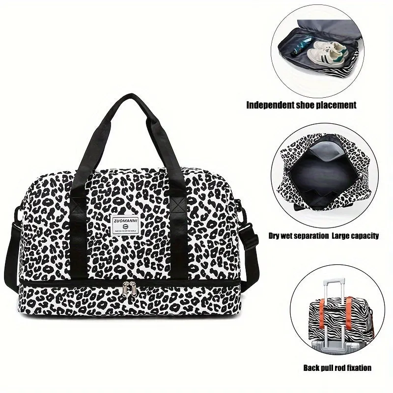 Leopard Print Gym Bag with Shoe Compartment Large Capacity Weekend Duffle