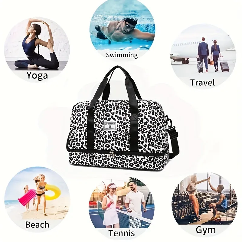 Leopard Print Gym Bag with Shoe Compartment Large Capacity Weekend Duffle