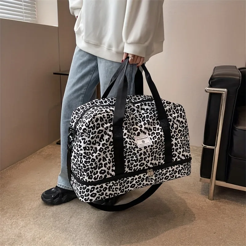 Leopard Print Gym Bag with Shoe Compartment Large Capacity Weekend Duffle