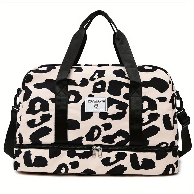 Leopard Print Gym Bag with Shoe Compartment Large Capacity Weekend Duffle