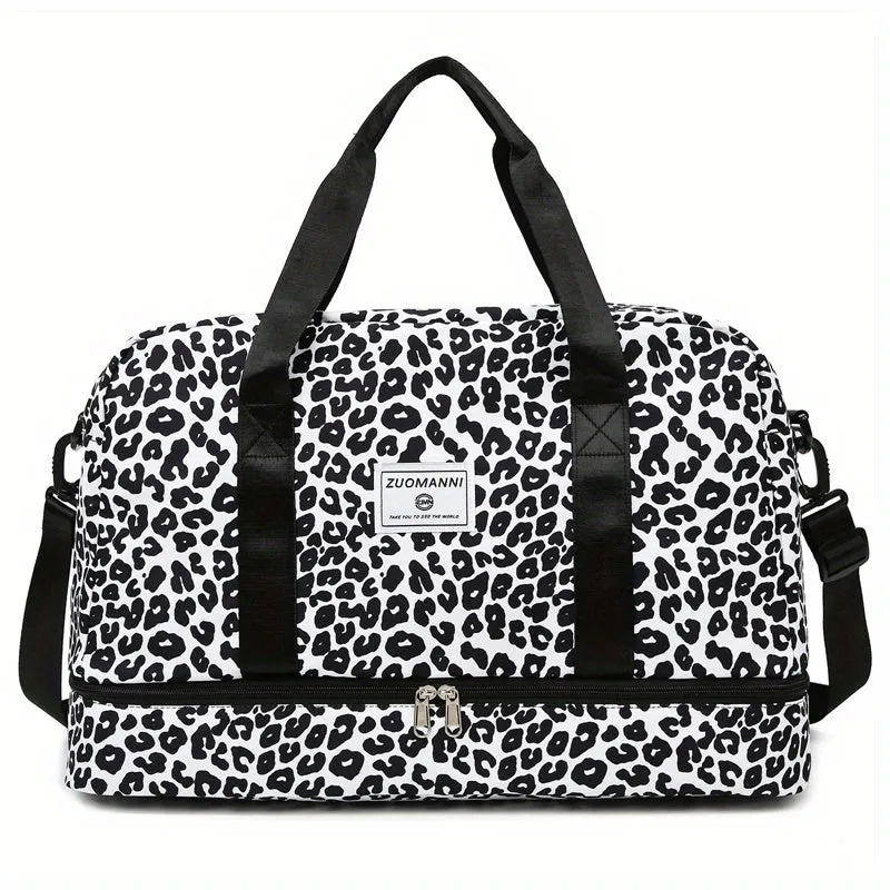 Leopard Print Gym Bag with Shoe Compartment Large Capacity Weekend Duffle