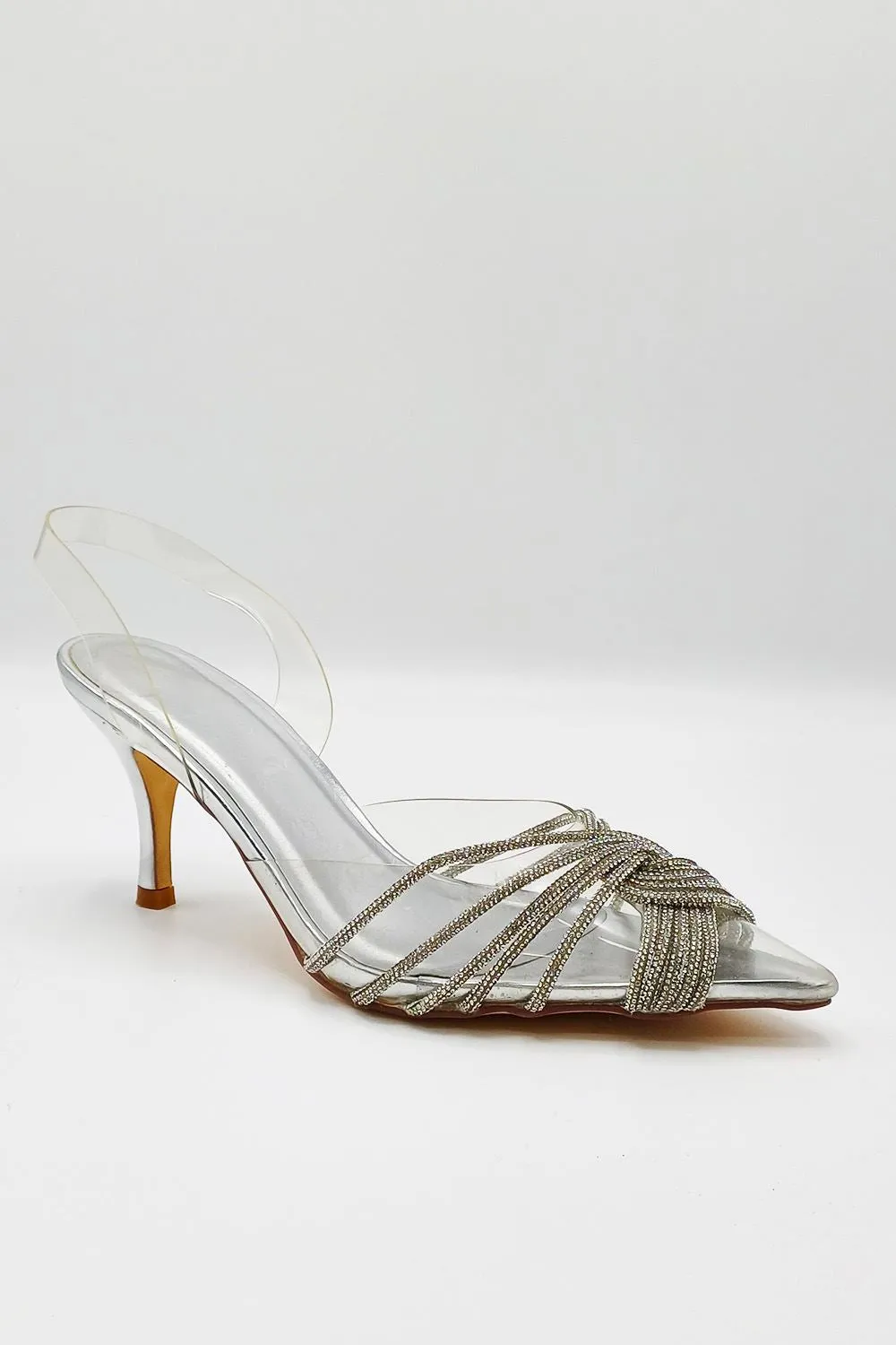 Liz Diamante Embellished Sling Back Perspex Court Shoes in Silver