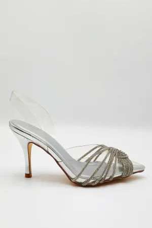 Liz Diamante Embellished Sling Back Perspex Court Shoes in Silver