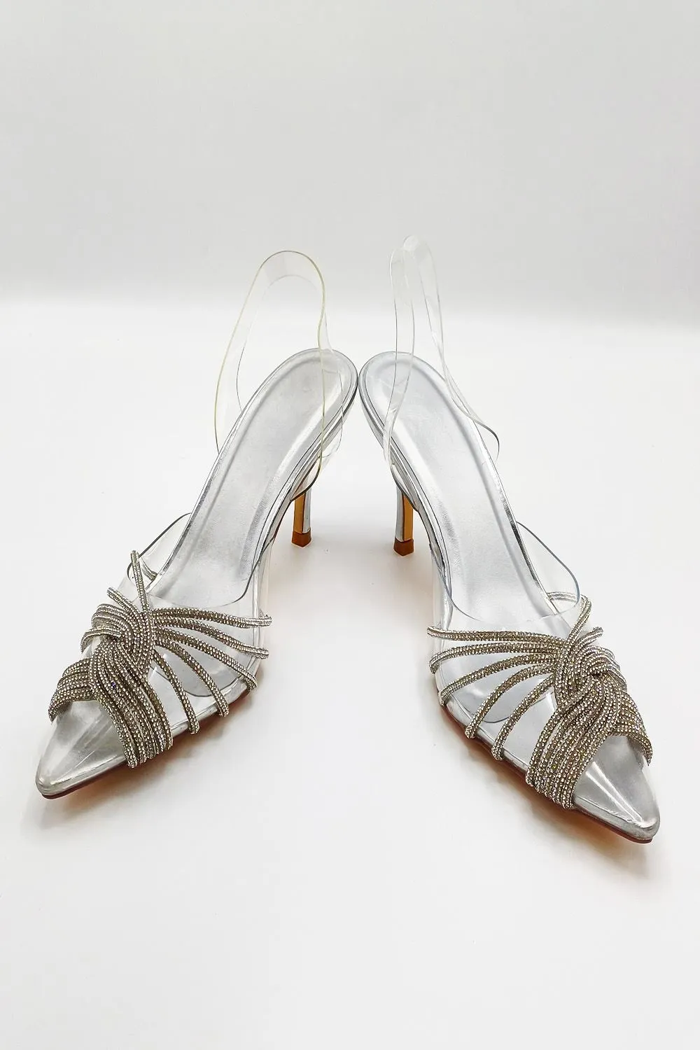 Liz Diamante Embellished Sling Back Perspex Court Shoes in Silver