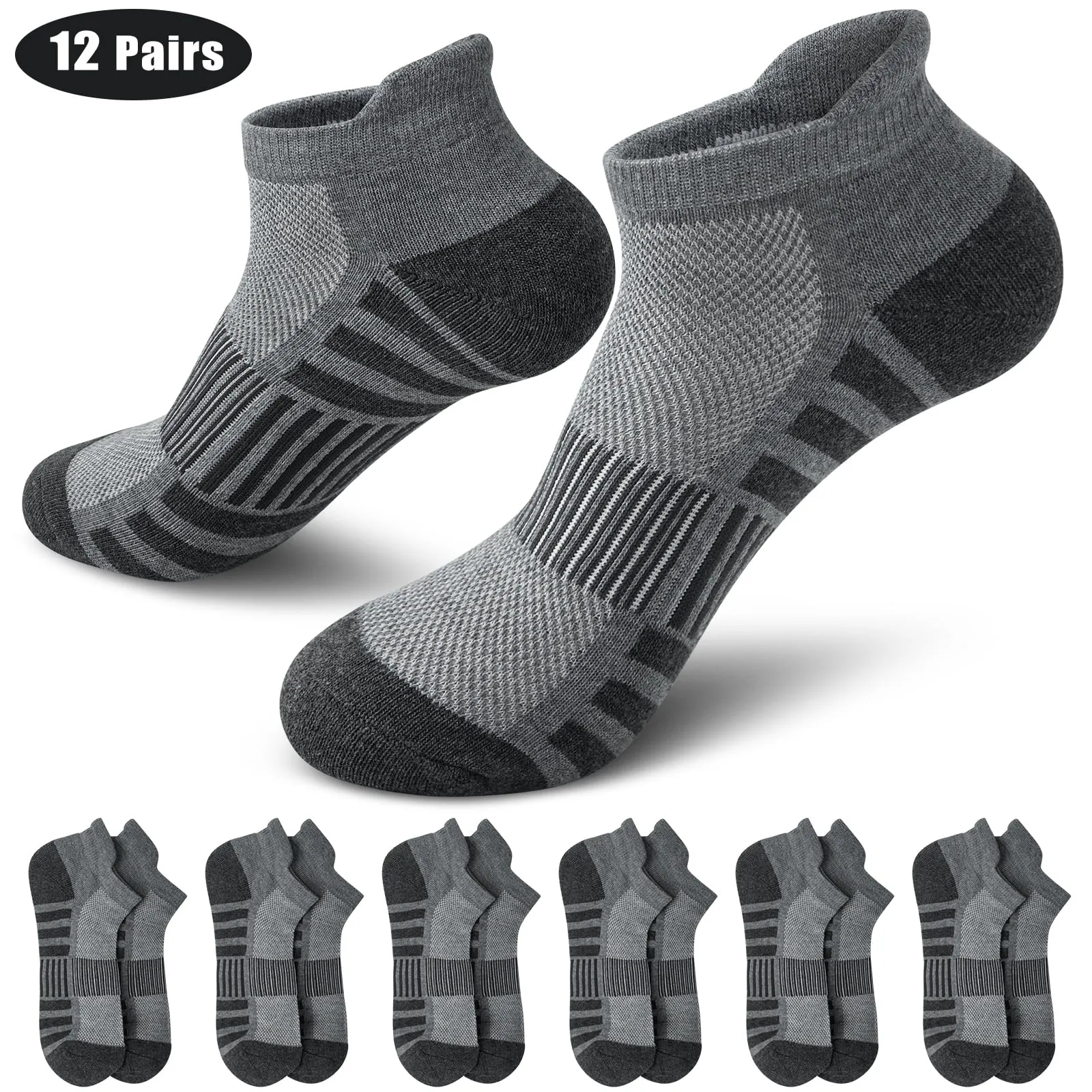 Loritta 12 Pairs Mens Ankle Athletic Low Cut Sports Socks Cushioned Breathable Running Cotton Socks Size 6-9