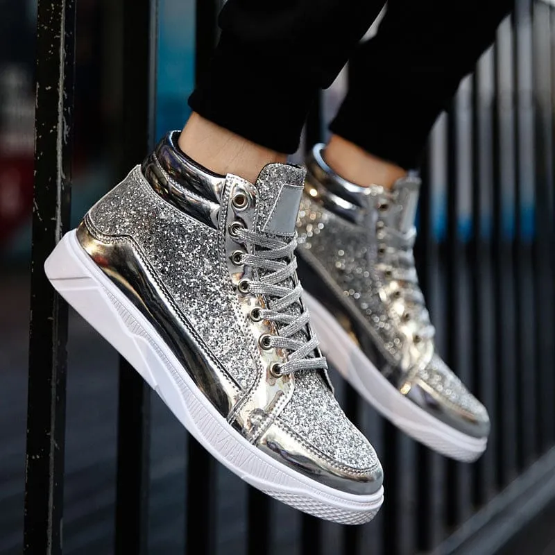 Men Rhinestone Lace-Up High Top Sneakers Shoes