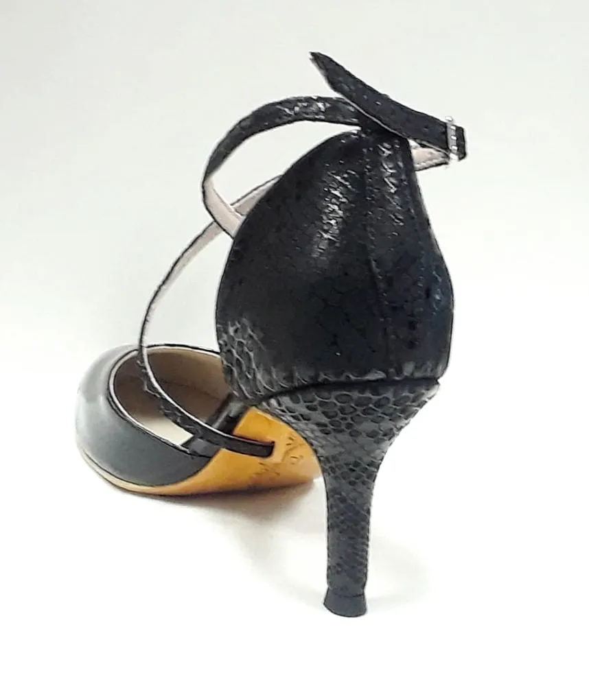 Mr. Tango Shoes, Malena, Black Patent Leather-Black Snakeskin, 2.75" Narrow Copa Heel