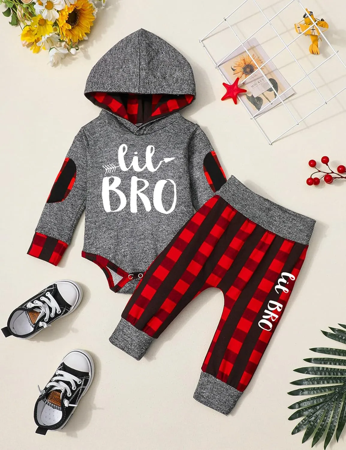 Newborn Baby Boy Clothes Plaid Letter Print Long Sleeve Hoodies   Long Pants 2PCS Fall Winter Outfits Set