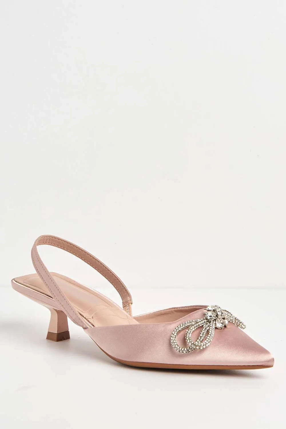 Nia Diamante Bow Detail Kitten Heel Court Shoes in Champagne