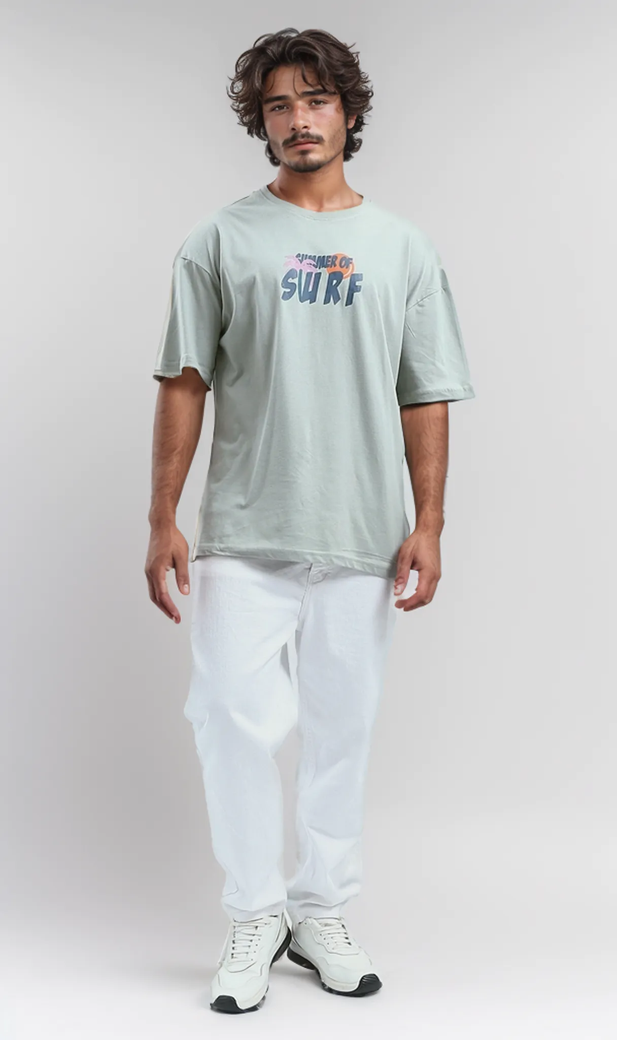 O192171 Relaxed Fit Printed Mintgreen Tee With Elbow Sleeves