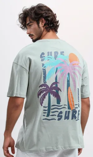 O192171 Relaxed Fit Printed Mintgreen Tee With Elbow Sleeves