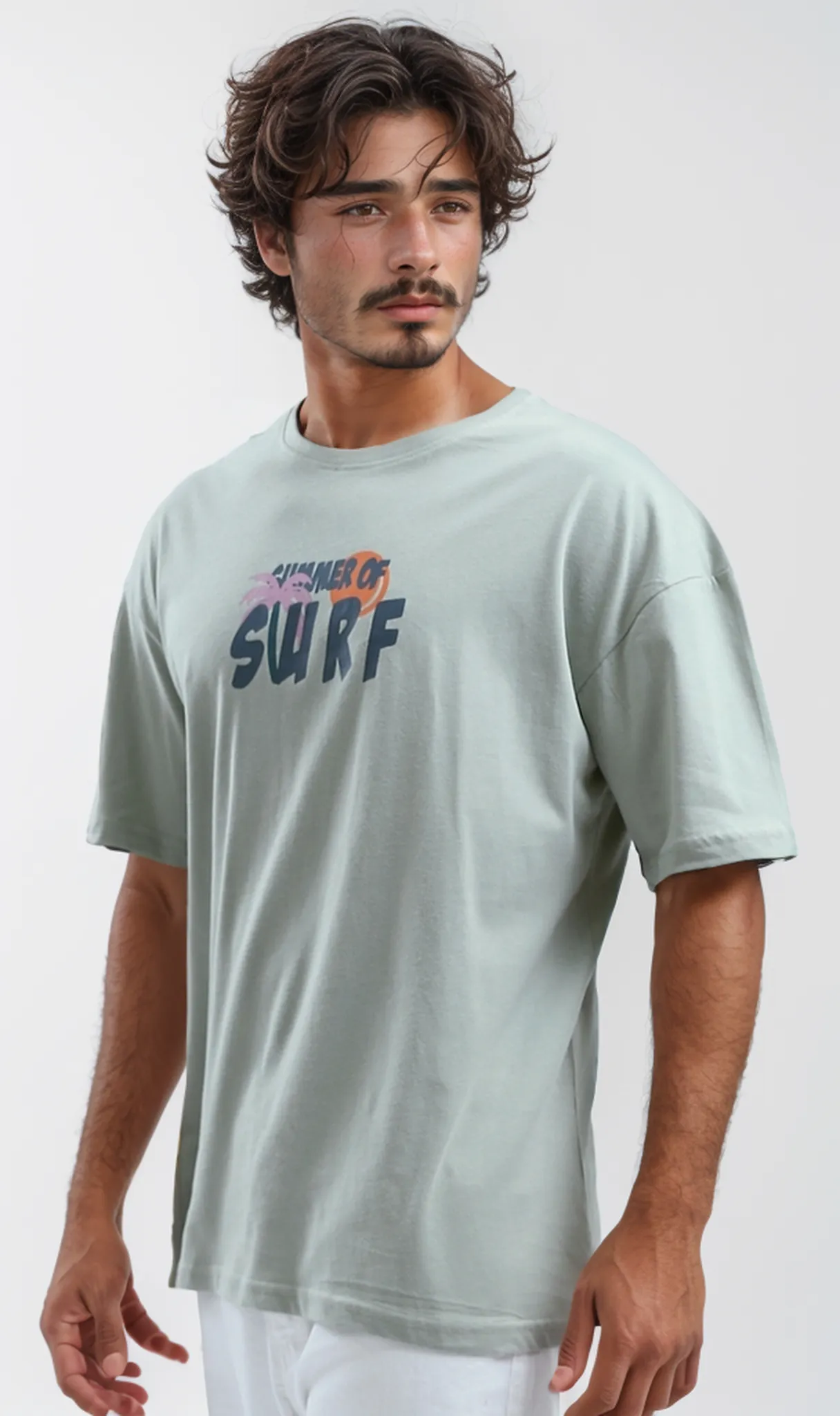 O192171 Relaxed Fit Printed Mintgreen Tee With Elbow Sleeves