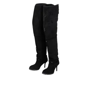 Pierced Thigh-High Suede Shearling Heeled Boots ( Made-to-Order )