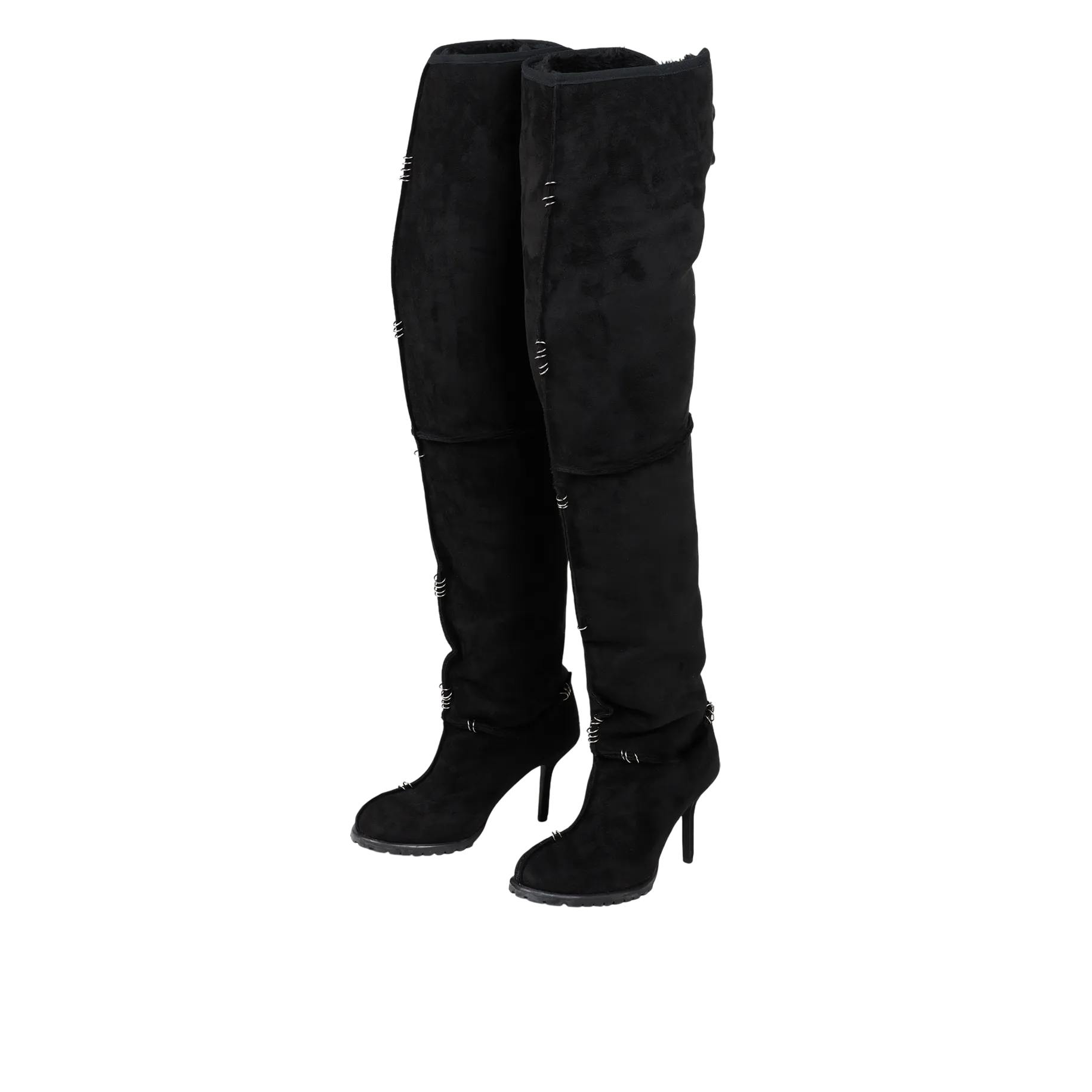 Pierced Thigh-High Suede Shearling Heeled Boots ( Made-to-Order )