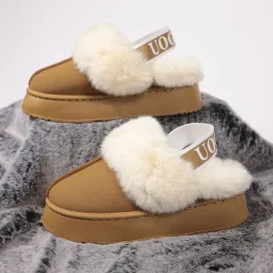 Plush Platform Slippers with Letter Strap