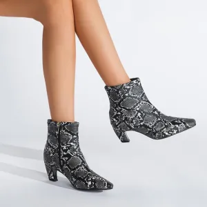 Pointed Toe Chunky Heel Snake Print Low Boots