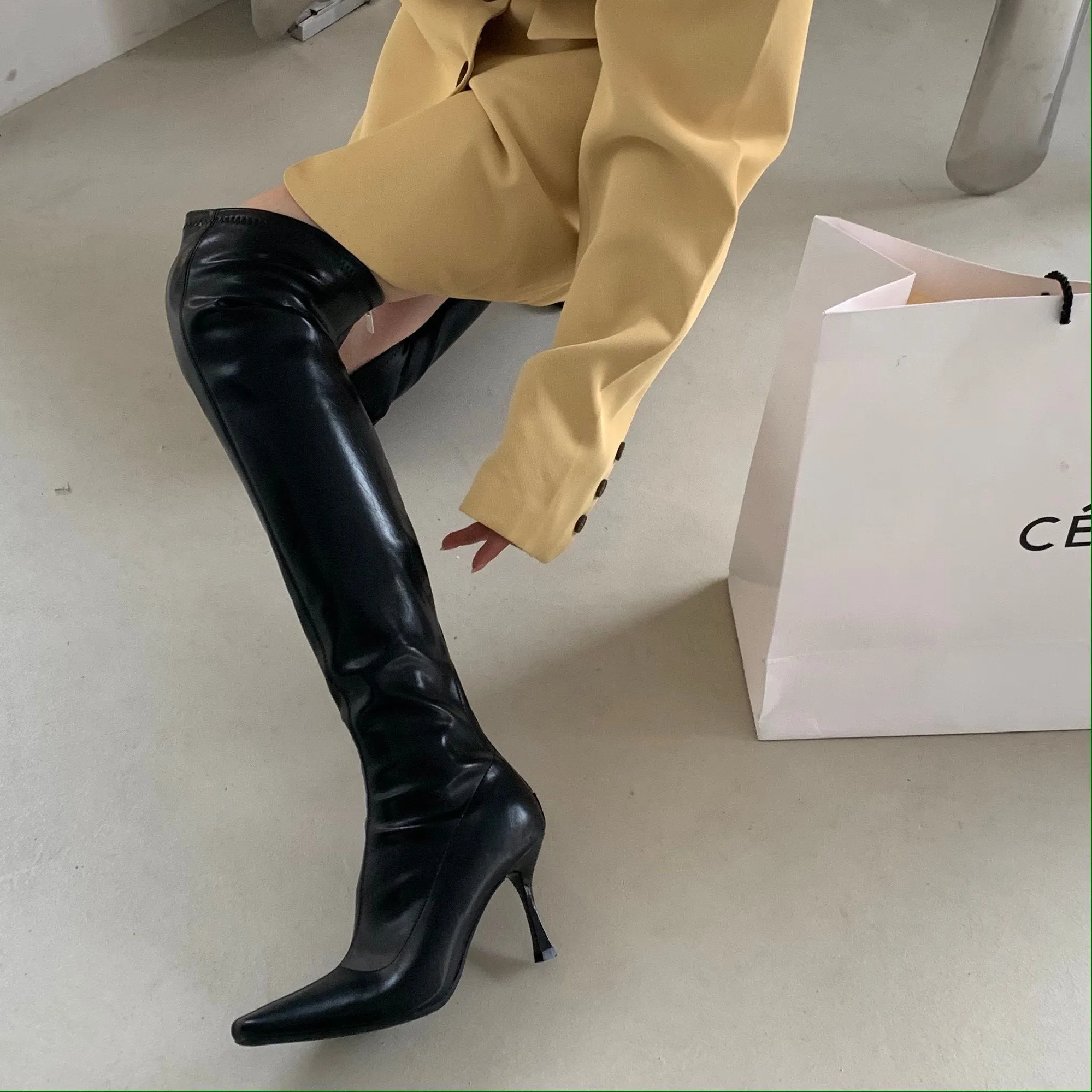 Shiny Leather Pointed Toe Stiletto Over-the-knee Boots