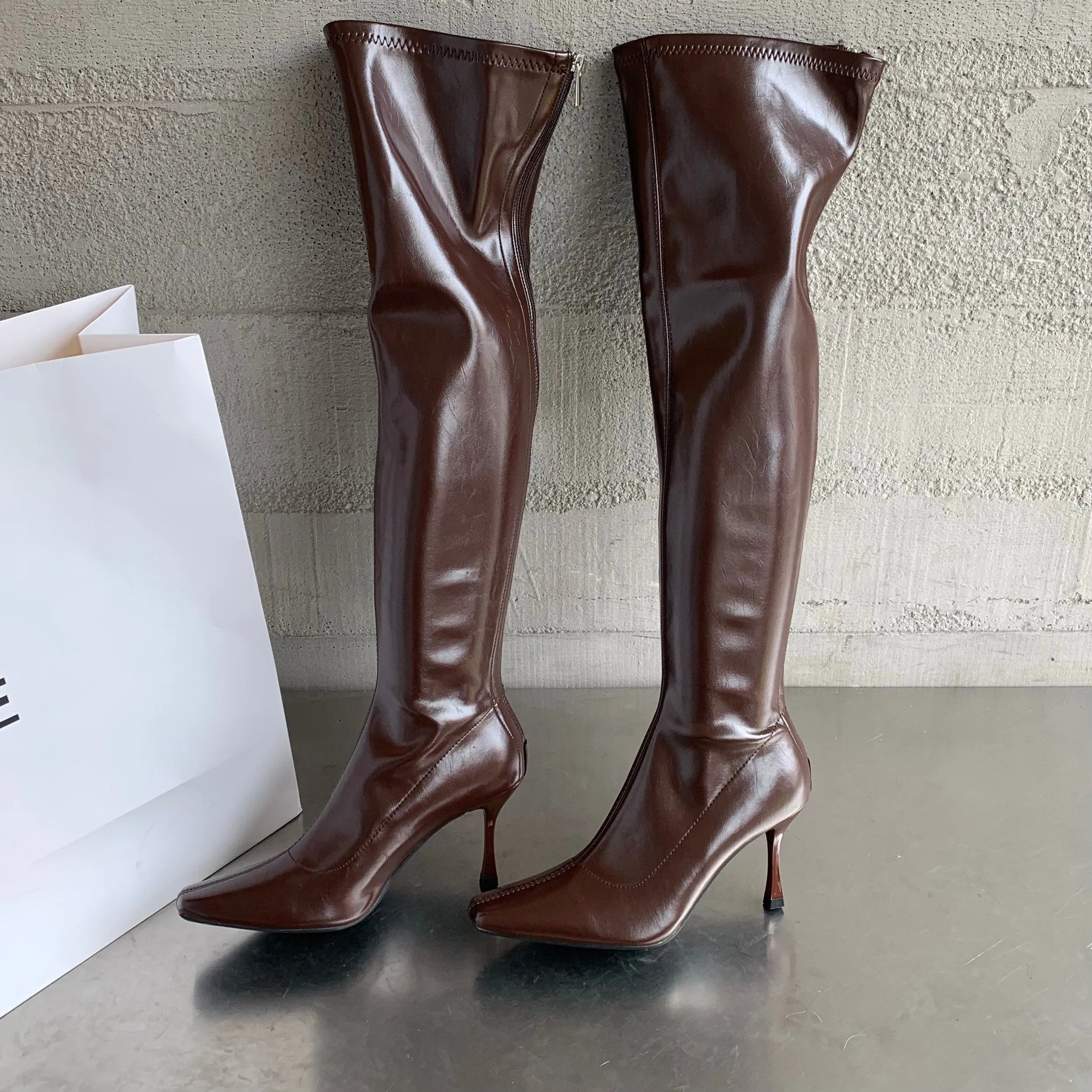 Shiny Leather Pointed Toe Stiletto Over-the-knee Boots