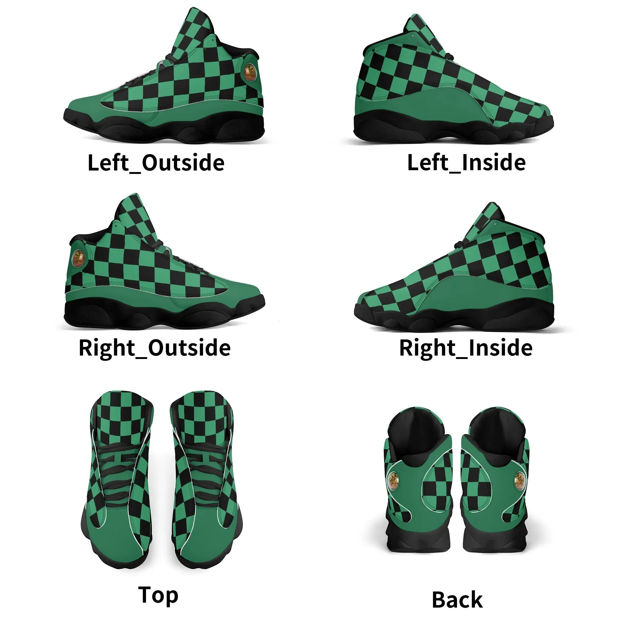 Skate shoe | High Top Sneakers | PU Vegan Leather Basketball shoes | Anime Slayer of Demon | Green Black Checkered