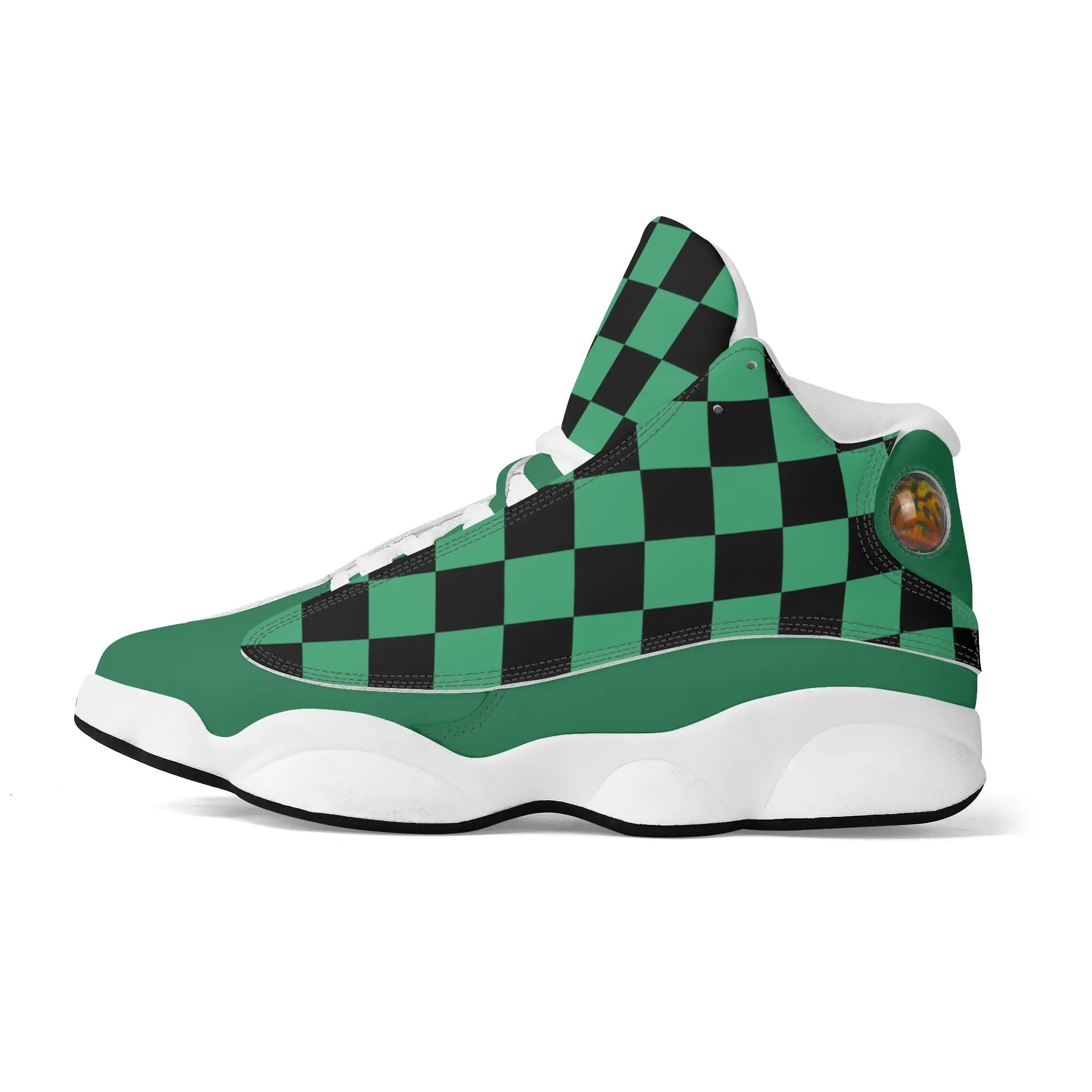 Skate shoe | High Top Sneakers | PU Vegan Leather Basketball shoes | Anime Slayer of Demon | Green Black Checkered