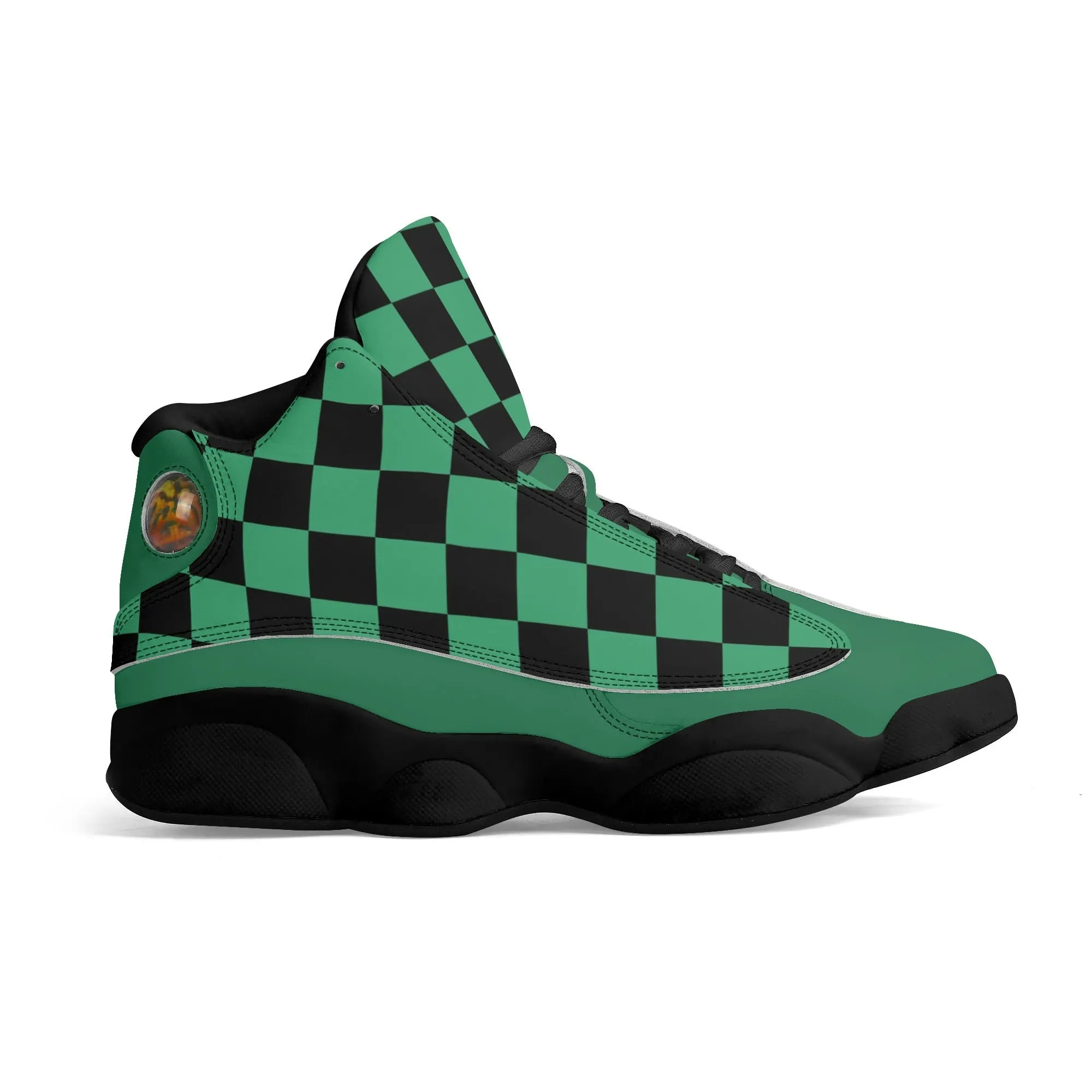 Skate shoe | High Top Sneakers | PU Vegan Leather Basketball shoes | Anime Slayer of Demon | Green Black Checkered